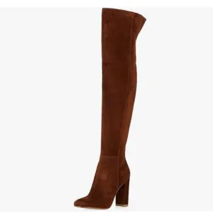 FSJ Brown Over The Knee Chunky High Heels Stretch Thigh High Zipper Long Boot