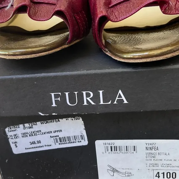 Furla Burgundy Leather Slingback Shoes OPen Toe Patenet Leather Heel size 9