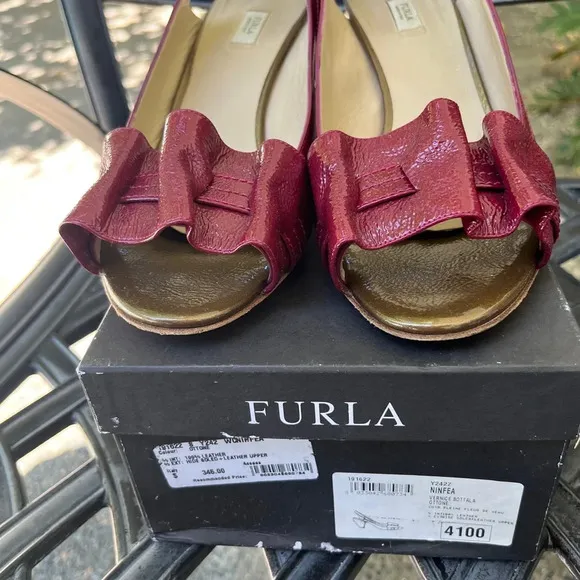 Furla Burgundy Leather Slingback Shoes OPen Toe Patenet Leather Heel size 9