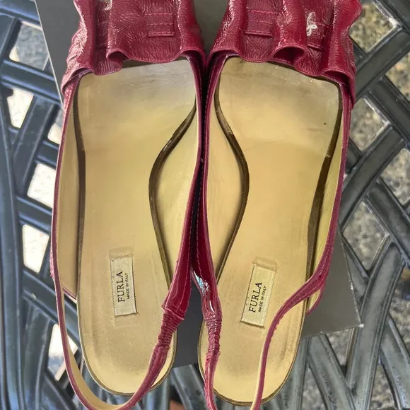 Furla Burgundy Leather Slingback Shoes OPen Toe Patenet Leather Heel size 9
