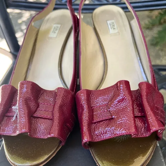 Furla Burgundy Leather Slingback Shoes OPen Toe Patenet Leather Heel size 9