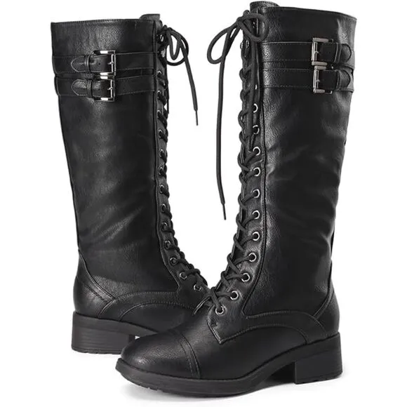Georgia Black Faux Leather Pu Knee High Riding Combat Boots - 12 M US