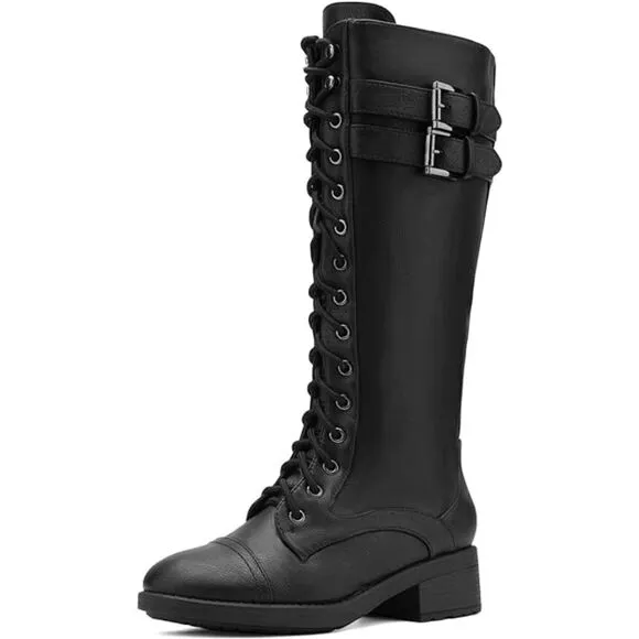 Georgia Black Faux Leather Pu Knee High Riding Combat Boots - 12 M US