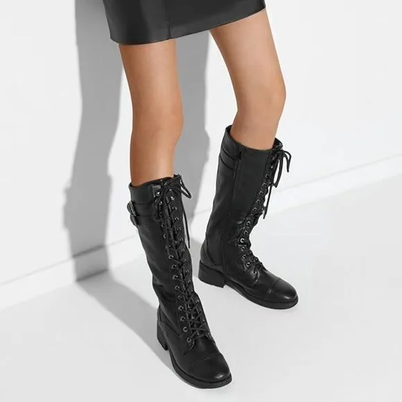 Georgia Black Faux Leather Pu Knee High Riding Combat Boots - 12 M US