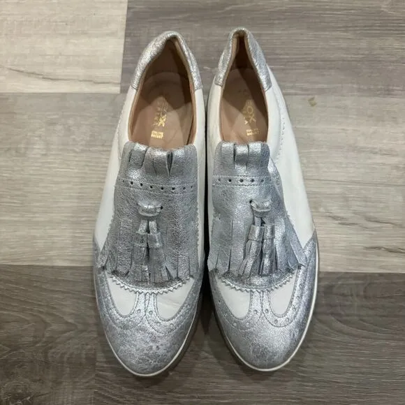 Geox Respira Oxfords Shoes Mens 40 7 White/Silver Tassel Fringe Platform Leather