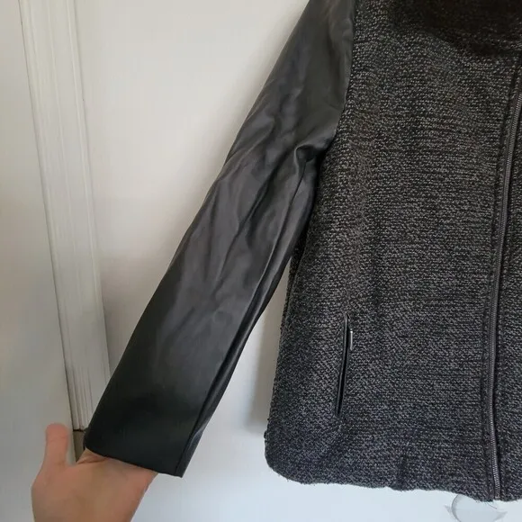 G.H. Bass &amp; Co. Wool Knit Faux Vegan Leather Long Sleeve Tweed Knit Jacket Coat