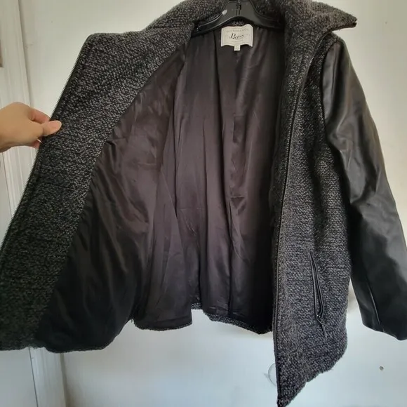 G.H. Bass &amp; Co. Wool Knit Faux Vegan Leather Long Sleeve Tweed Knit Jacket Coat
