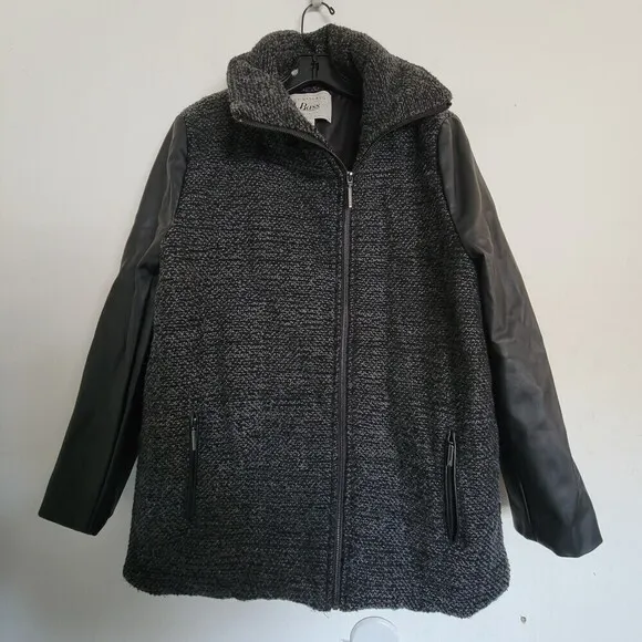 G.H. Bass &amp; Co. Wool Knit Faux Vegan Leather Long Sleeve Tweed Knit Jacket Coat