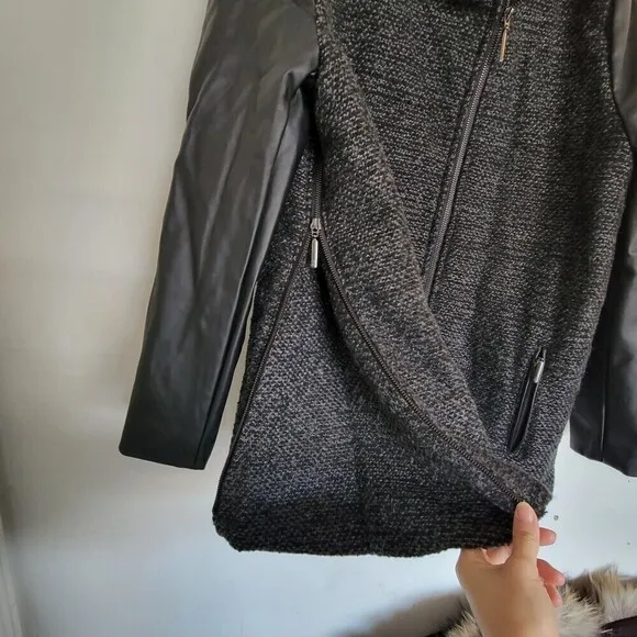 G.H. Bass &amp; Co. Wool Knit Faux Vegan Leather Long Sleeve Tweed Knit Jacket Coat