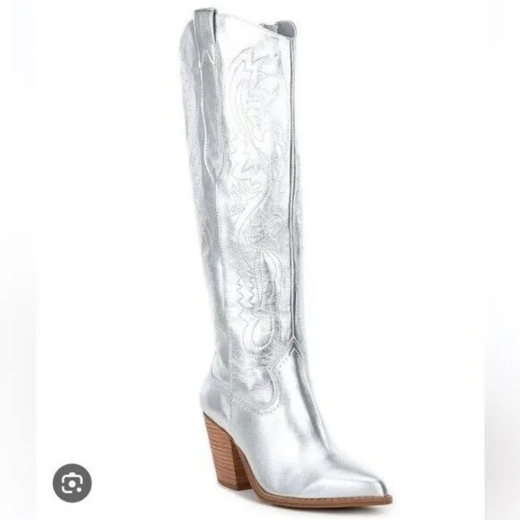 Gianni Bini Size 9.5 Silver Leather Tall Boots Embroidered Western. New without