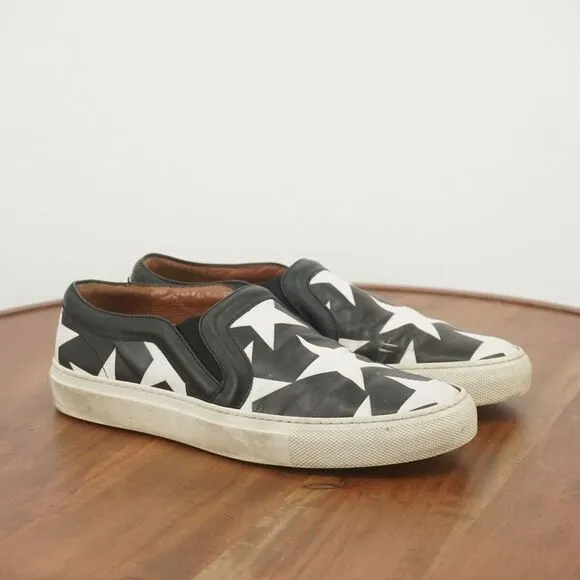 Givenchy Womens Sneakers Slip On Shoes Black White Stars Leather Size 36.5 / 6US