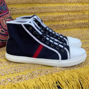 Gucci GG Web Navy Blue Canvas Hightop Mens Sneaker Size US14 UK13