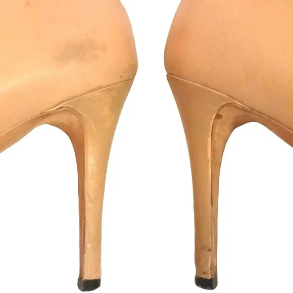 Gucci Horsebit Peep Toe Sz 7.5 Classic Heel Pumps Beige Tan Silver Accent Flaw