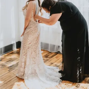 Hayley Paige Blush Havana Elegant Lace Floral Fit and Flare Wedding Dress