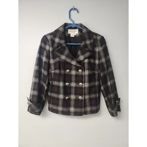 Helene Berman Womens Wool Blend Crop Coat Gray Tartan Plaid Double Breasted Sz S