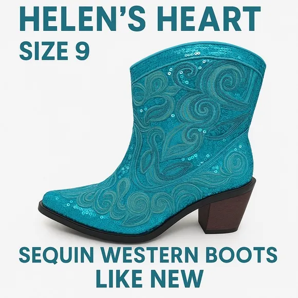 Helen’s Heart Turquoise Sequin Western Boots – Size 9