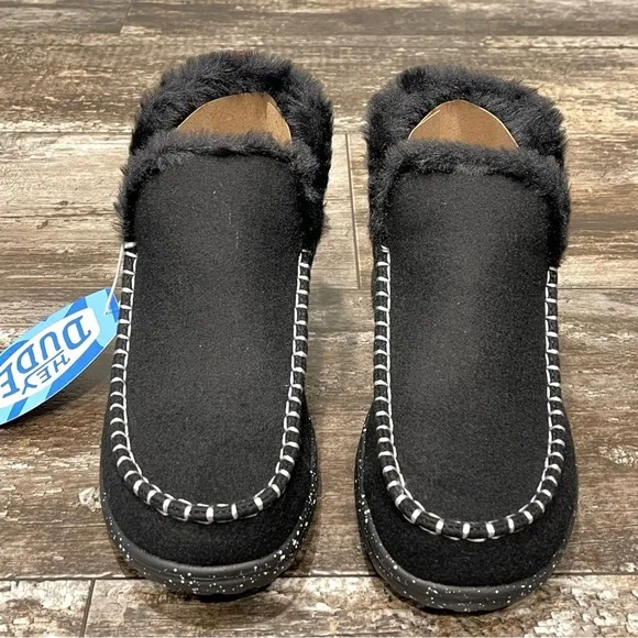 Hey Dude Denny Wool Faux Shearling Boot Black Slip On Comfy Womens Size 7 NIB