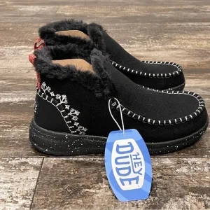 Hey Dude Denny Wool Faux Shearling Boot Black Slip On Comfy Womens Size 7 NIB