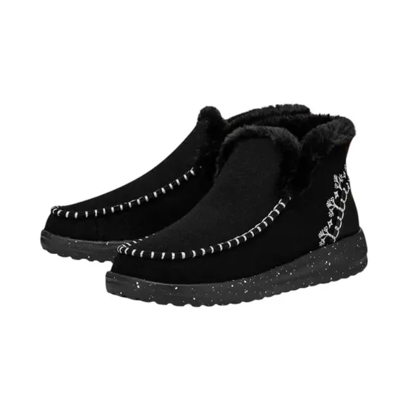 Hey Dude Denny Wool Faux Shearling Boot Black Slip On Comfy Womens Size 7 NIB