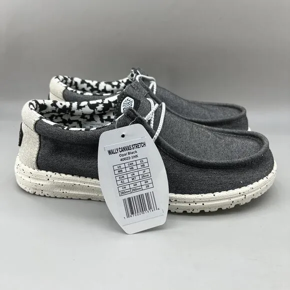 Hey Dude Wally Canvas Stretch Opal Black Sneakers Men Size 8 Gray Slip On Shoes