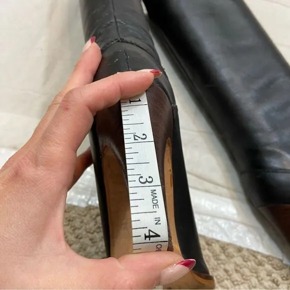 High Quality Genuine Black Leather Heeled Boots Rounded Toe Boots Size 7.5