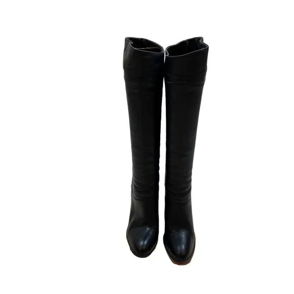 High Quality Genuine Black Leather Heeled Boots Rounded Toe Boots Size 7.5