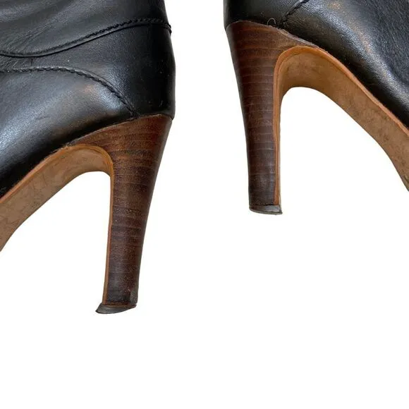 High Quality Genuine Black Leather Heeled Boots Rounded Toe Boots Size 7.5