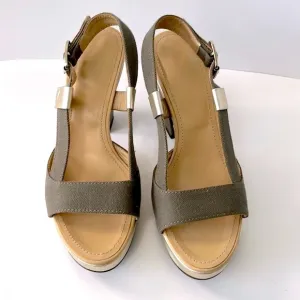 Hogan Canvas Slingback Platform Sandals, Khaki Green/Gold, size