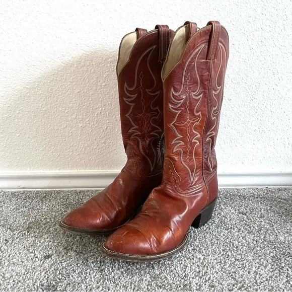 Hondo Cowboy Boots Men's Size 8 D western Embroidered Sienna Brown Leather Shoes