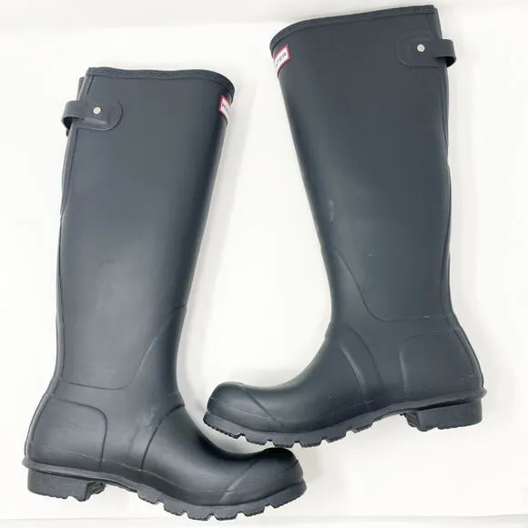 Hunter Black Matte Original Tall Back Adjustable Rain Boots Women's 8 Waterproof