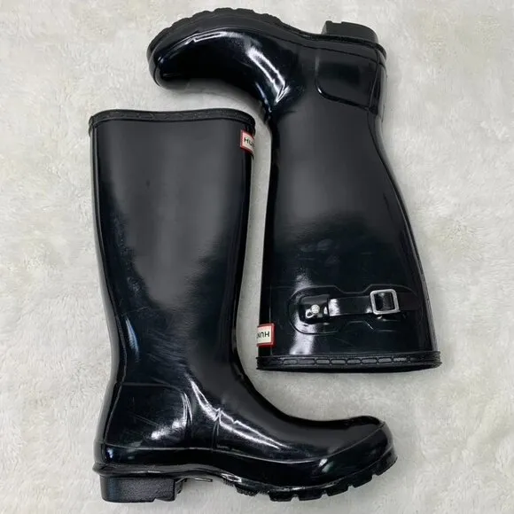 Hunter Kids Girl Boy Black Reflective Glossy Rubber Tall Rain Boots Size 5B / 6G