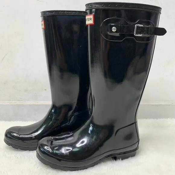 Hunter Kids Girl Boy Black Reflective Glossy Rubber Tall Rain Boots Size 5B / 6G