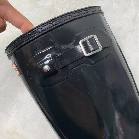 Hunter Kids Girl Boy Black Reflective Glossy Rubber Tall Rain Boots Size 5B / 6G
