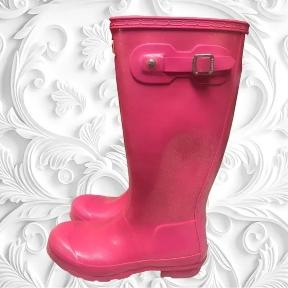 Hunter Original Rain Boots Tall Gloss Glitter Barbie Pink Girls Size 4 Boot