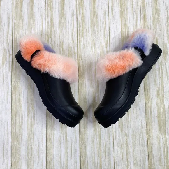 Hunter Play Black Slip On Pink &amp; Blue Faux Fur Clogs