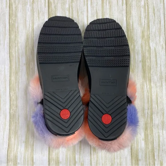 Hunter Play Black Slip On Pink &amp; Blue Faux Fur Clogs