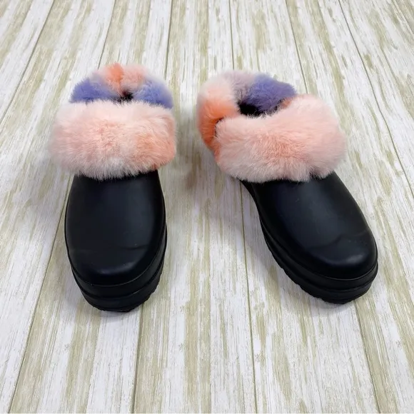 Hunter Play Black Slip On Pink &amp; Blue Faux Fur Clogs