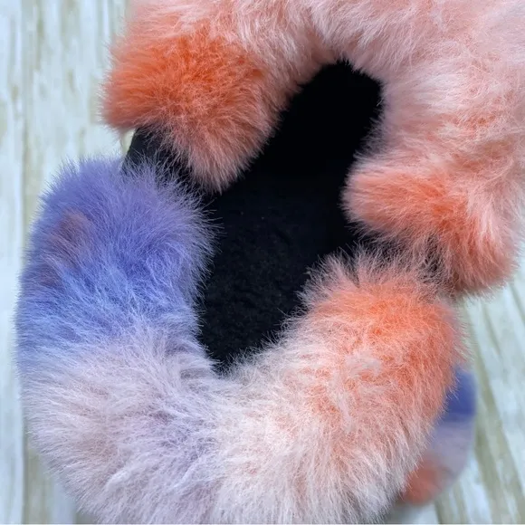 Hunter Play Black Slip On Pink &amp; Blue Faux Fur Clogs