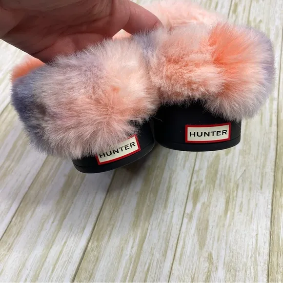Hunter Play Black Slip On Pink &amp; Blue Faux Fur Clogs