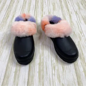 Hunter Play Black Slip On Pink &amp; Blue Faux Fur Clogs