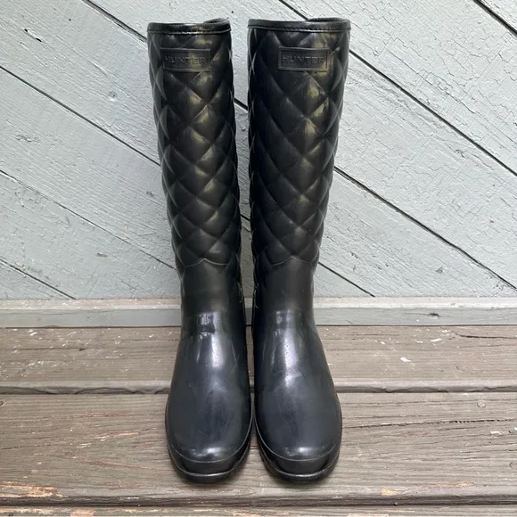 Hunter‎ Refined Gloss Quilted Tall Rain Boots Black Knee High Waterproof Women 6