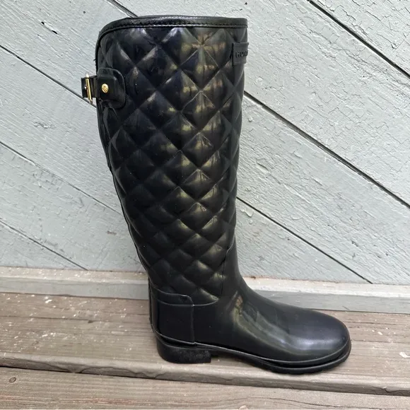 Hunter‎ Refined Gloss Quilted Tall Rain Boots Black Knee High Waterproof Women 6