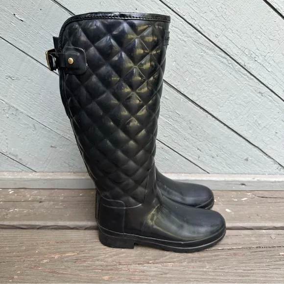 Hunter‎ Refined Gloss Quilted Tall Rain Boots Black Knee High Waterproof Women 6