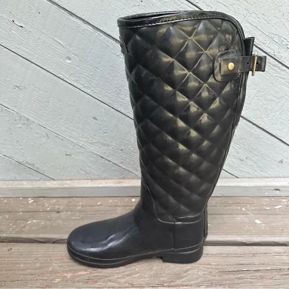 Hunter‎ Refined Gloss Quilted Tall Rain Boots Black Knee High Waterproof Women 6