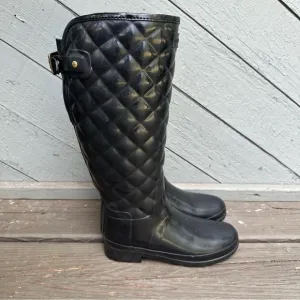 Hunter‎ Refined Gloss Quilted Tall Rain Boots Black Knee High Waterproof Women 6