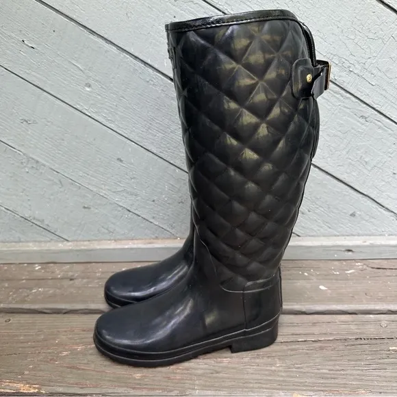 Hunter‎ Refined Gloss Quilted Tall Rain Boots Black Knee High Waterproof Women 6