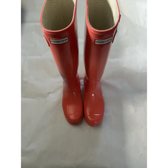 Hunter Womens Original Tall Gloss Rain Boots Bright Orange Size 7m/8f  EUC