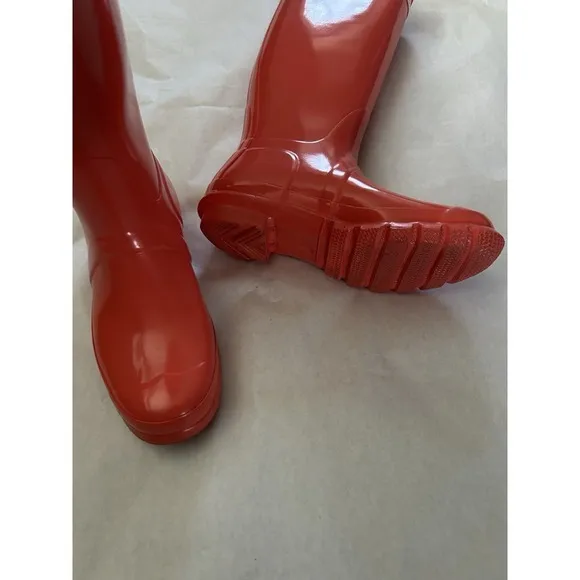 Hunter Womens Original Tall Gloss Rain Boots Bright Orange Size 7m/8f  EUC