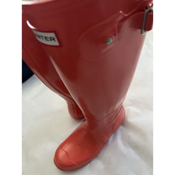Hunter Womens Original Tall Gloss Rain Boots Bright Orange Size 7m/8f  EUC