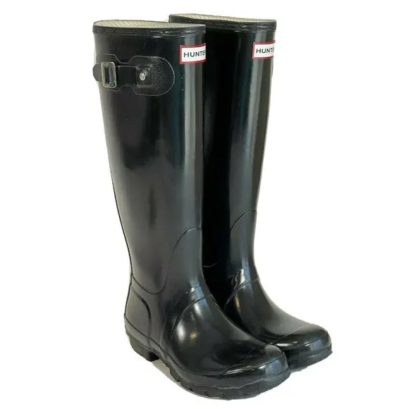 Hunter Womens Original Tall Gloss Wellington Rubber Rain Boots Black 5 M W23616